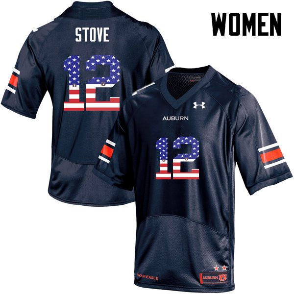 Women #12 Eli Stove Auburn Tigers USA Flag Fashion College Football Jerseys-Navy - Click Image to Close
